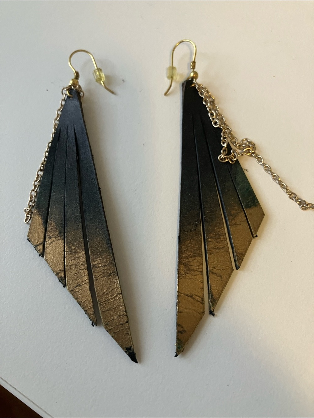 Black and Gold Geometric Fringe Dangle Leather Earrings Y2K